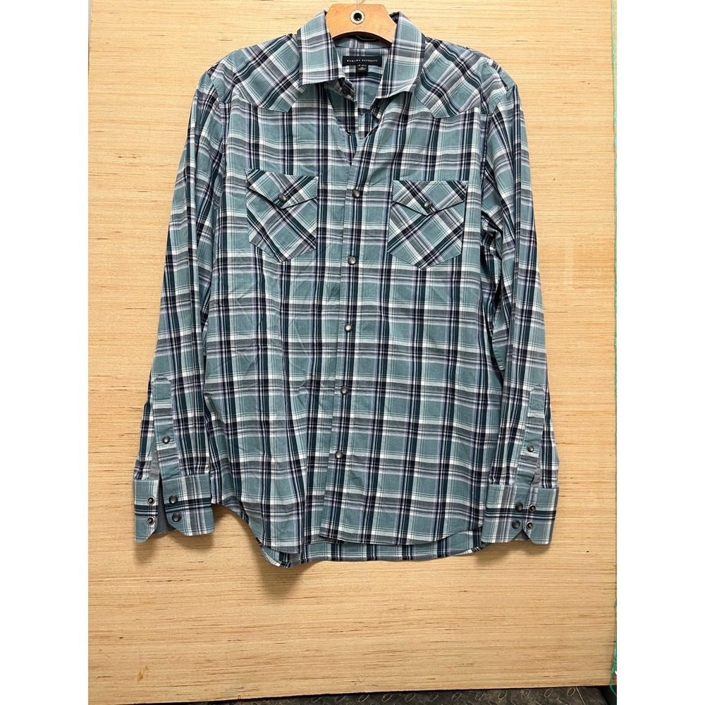 Banana Republic Mens M Western Snap Front Plaid Shirt Teal Navy Long Sleeve